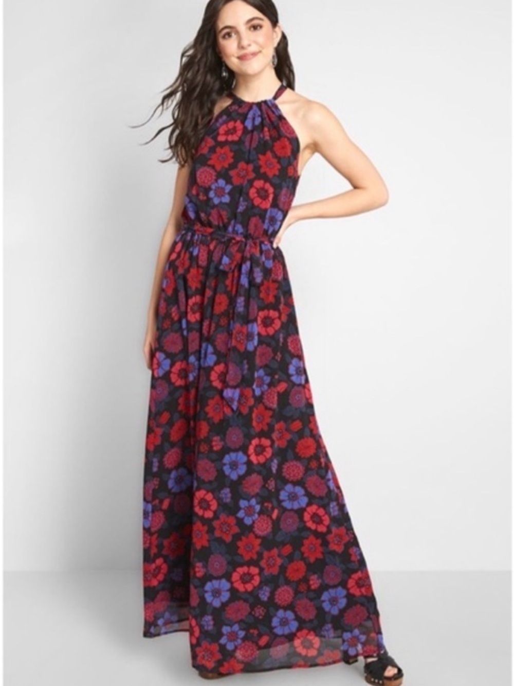 ModCloth Illuminated Elegance Floral Halter Maxi Dress Black Size Medium NWT